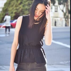 Tibi Black Wool Cutout Peplum Hem Top